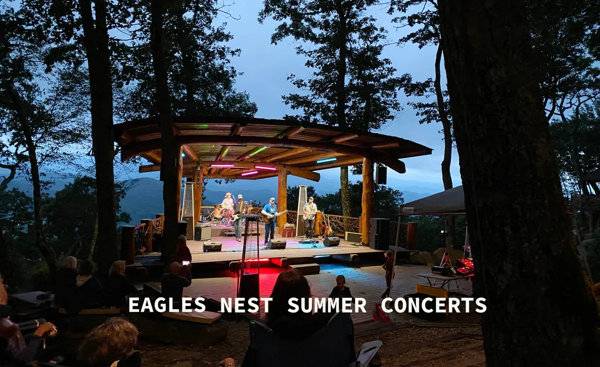 An outdoor concert scene with musicians performing on stage, colorful lighting, and an audience enjoying the show. The atmosphere is festive, communal, and vibrant, illustrating local summer events.