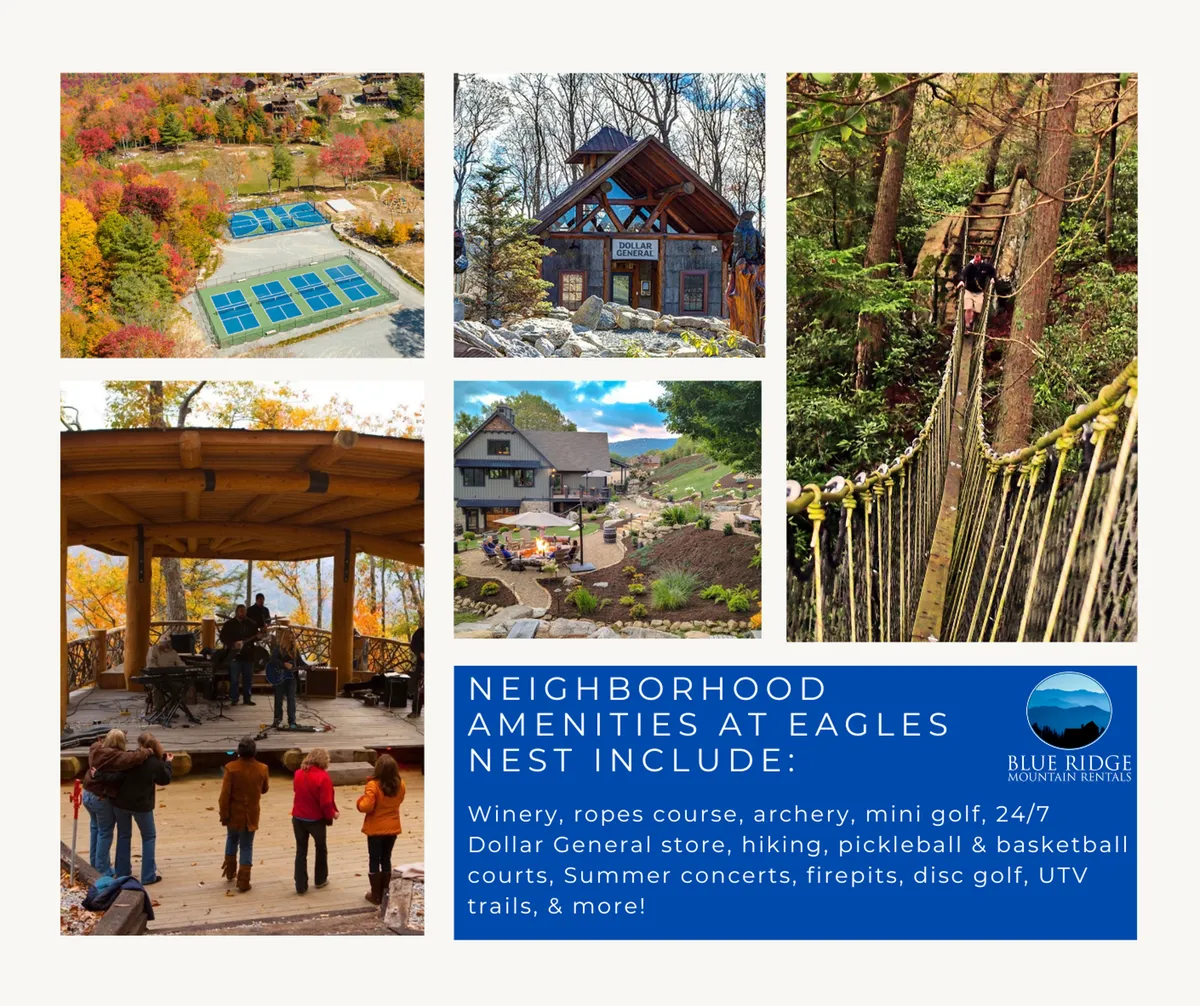 A lively outdoor scene featuring community amenity areas, open gathering spaces, and natural landscapes. Activities like hiking, live concerts, and mini golf are visible, with people engaging in various recreation. The atmosphere is energetic and communal, emphasizing seasonal events and active amenities.